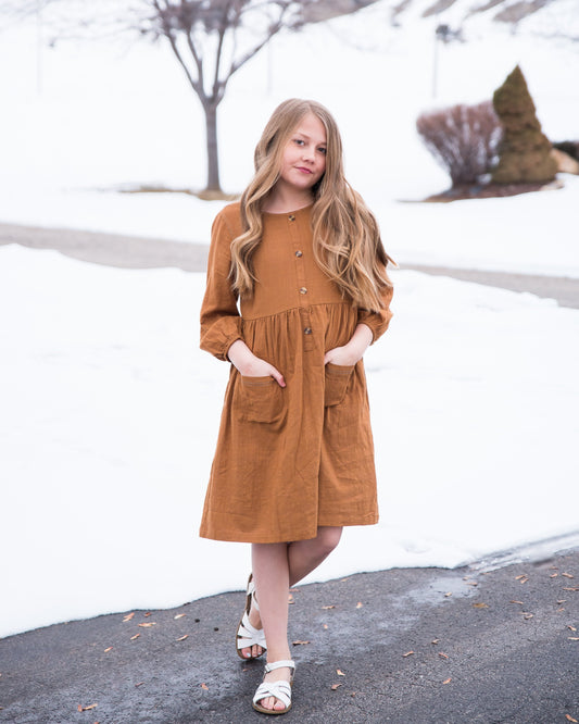 Button-Down Midi Peasant Dress for Girls