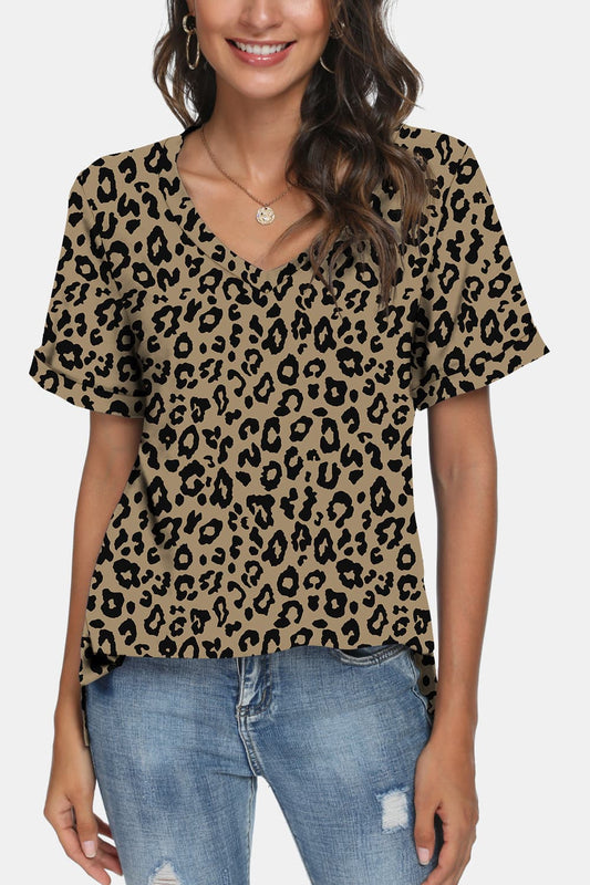 Leopard Print V-Neck Short Sleeve T-Shirt