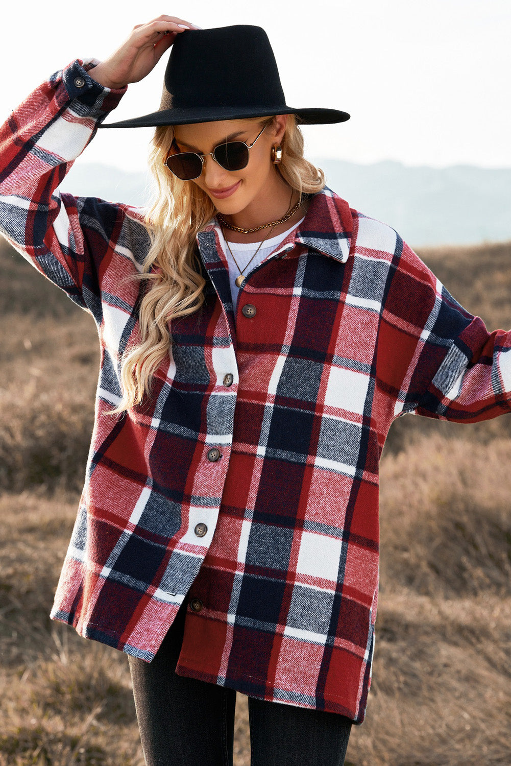 Double Take Plaid Dropped Shoulder Pocketed Shirt Jacket