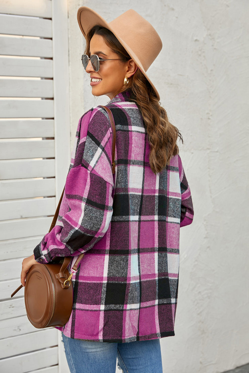 Double Take Plaid Dropped Shoulder Pocketed Shirt Jacket