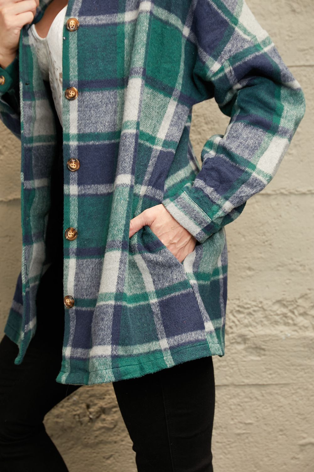 Double Take Plaid Dropped Shoulder Pocketed Shirt Jacket